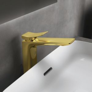 Ideal Standard Conca Waschtischarmatur BC757A2 mit verlängertem Sockel und Ablaufgarnitur, Ausladung 150mm, Brushed Gold