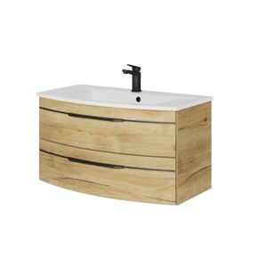 Pelipal Series 7045 washbasin set SET-167-033 Halifax oak synchronous pore, black handles, 91 cm