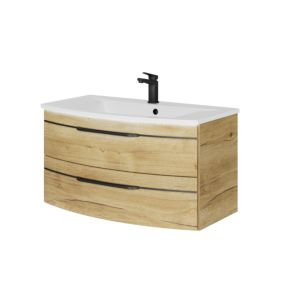 Pelipal Series 7045 washbasin set SET-167-041 Halifax oak synchronous pore, black handles, 91 cm