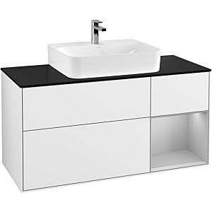 Villeroy und Boch Finion Waschtischunterschrank F172GJGF 120cm, Abdeckplatte black matt, Regal rechts Light grey matt, Glossy white lacquer