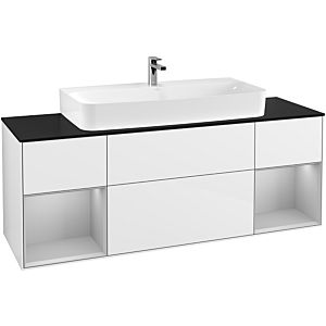 Villeroy und Boch Finion Waschtischunterschrank F212GJGF 160cm, Abdeckplatte black matt, Regale Light grey matt lacquer, Glossy white lacquer