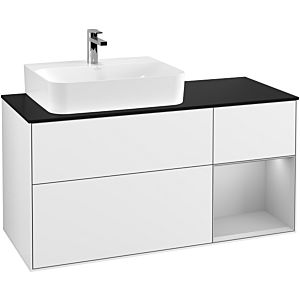 Villeroy und Boch Finion Waschtischunterschrank G152GJGF 120cm, Abdeckplatte black matt, Emotion, Regal links Light grey matt, Glossy white lacquer