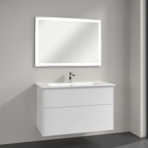 Villeroy & Boch Finero Badmöbel Set 100 cm Glossy White Waschtisch mit Waschtischunterschrank und Spiegel