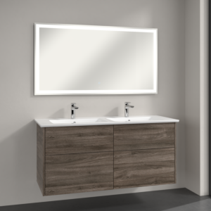 Villeroy & Boch Finero Badmöbel Set 130 cm Stone Oak Waschtisch mit Waschtischunterschrank und Spiegel