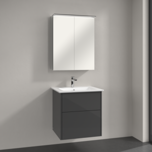 Villeroy & Boch Finero Badmöbel Set 60 cm, Glossy Grey Waschtisch mit Waschtischunterschrank und Spiegelschrank