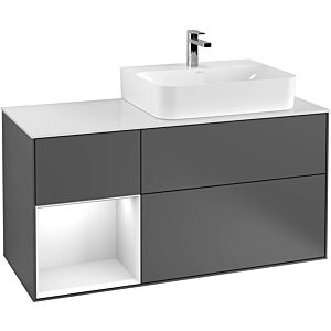 Villeroy und Boch Finion Waschtischunterschrank F141GJPD 120cm, Abdeckplatte glass white Matt, Regal links Light grey matt, Black matt lacquer