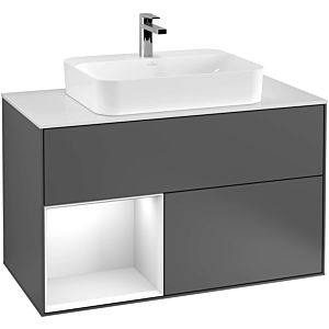 Villeroy und Boch Finion Waschtischunterschrank F362PHGJ 100cm, Abdeckplatte black matt, Regal links Glossy Black Lacquer, Light grey matt