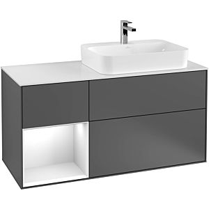 Villeroy und Boch Finion Waschtischunterschrank F392GJGF 120cm, Abdeckplatte black matt, Regal links Light grey matt, Glossy white lacquer