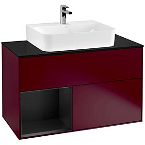 Finion Villeroy et Boch vasque F112PDHB 100cm, plaque de recouvrement verre noir mat, tablette gauche laqué noir mat, Peony Matt