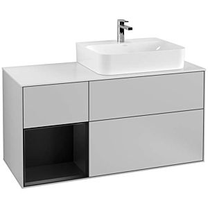 Villeroy und Boch Finion Waschtischunterschrank F141PDGJ 120cm, Abdeckplatte glass white Matt, Regal links Black matt lacquer, Light grey matt