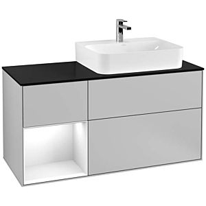 Villeroy und Boch Finion Waschtischunterschrank F142GFGJ 120cm, Abdeckplatte Glass Black Matt, Regal links Glossy white lacquer, Light grey matt