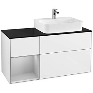 Villeroy und Boch Finion Waschtischunterschrank F142GJGF 120cm, Abdeckplatte Glass Black Matt, Regal links Light grey matt, Glossy white lacquer