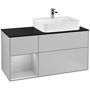 Villeroy und Boch Finion Waschtischunterschrank F142GJGJ 120cm, Abdeckplatte Glass Black Matt, Regal links Light grey matt, Light grey matt