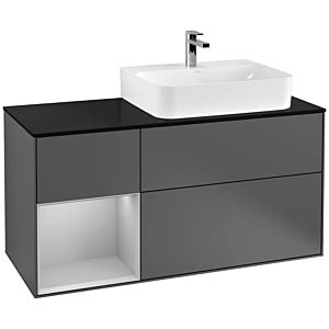 Villeroy und Boch Finion Waschtischunterschrank F142GJGK 120cm, Abdeckplatte Glass Black Matt, Regal links Light grey matt, Anthracite matt