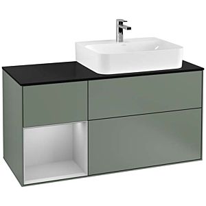 Villeroy und Boch Finion Waschtischunterschrank F142GJGM 120cm, Abdeckplatte Glass Black Matt, Regal links Light grey matt, Olive Matt Lacquer