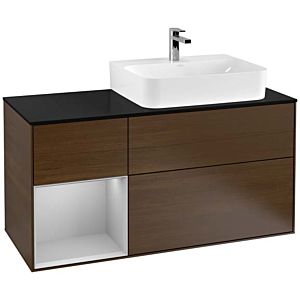 Villeroy und Boch Finion Waschtischunterschrank F142GJGN 120cm, Abdeckplatte Glass Black Matt, Regal links Light grey matt, Walnut veneer