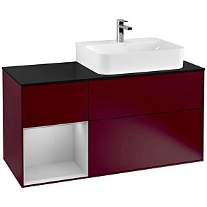 Villeroy und Boch Finion Waschtischunterschrank F142GJHB 120cm, Abdeckplatte Glass Black Matt, Regal links Light grey matt, Peony Matt