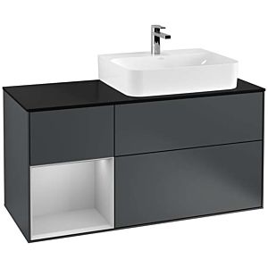 Villeroy und Boch Finion Waschtischunterschrank F142GJHG 120cm, Abdeckplatte Glass Black Matt, Regal links Light grey matt, Midnight Blue Matt Lacquer