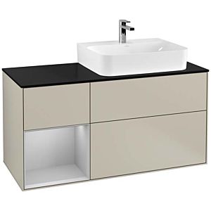 Villeroy und Boch Finion Waschtischunterschrank F142GJHH 120cm, Abdeckplatte Glass Black Matt, Regal links Light grey matt, Sand Matt Lacquer