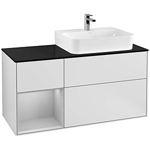 Villeroy und Boch Finion Waschtischunterschrank F142GJMT 120cm, Abdeckplatte Glass Black Matt, Regal links Light grey matt, White matt lacquer