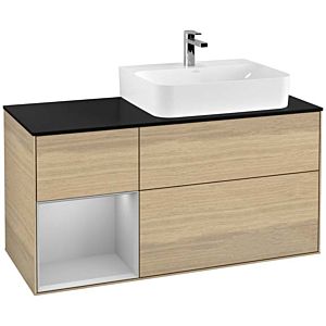 Villeroy und Boch Finion Waschtischunterschrank F142GJPC 120cm, Abdeckplatte Glass Black Matt, Regal links Light grey matt, Oak Veneer