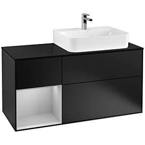 Villeroy und Boch Finion Waschtischunterschrank F142GJPD 120cm, Abdeckplatte Glass Black Matt, Regal links Light grey matt, Black matt lacquer