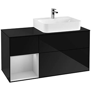 Villeroy und Boch Finion Waschtischunterschrank F142GJPH 120cm, Abdeckplatte Glass Black Matt, Regal links Light grey matt, Glossy Black Lacquer