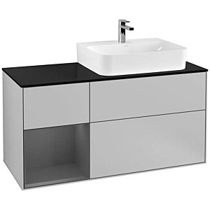 Villeroy und Boch Finion Waschtischunterschrank F142GKGJ 120cm, Abdeckplatte Glass Black Matt, Regal links Anthracite matt, Light grey matt