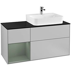 Villeroy und Boch Finion Waschtischunterschrank F142GMGJ 120cm, Abdeckplatte Glass Black Matt, Regal links Olive Matt Lacquer, Light grey matt