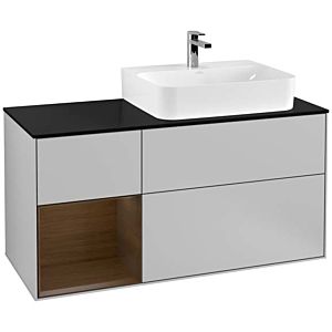 Villeroy und Boch Finion Waschtischunterschrank F142GNGJ 120cm, Abdeckplatte Glass Black Matt, Regal links Walnut veneer, Light grey matt