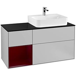 Villeroy und Boch Finion Waschtischunterschrank F142HBGJ 120cm, Abdeckplatte Glass Black Matt, Regal links Peony, Light grey matt