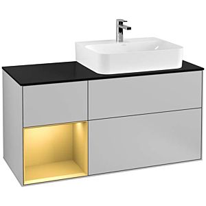 Villeroy und Boch Finion Waschtischunterschrank F142HFGJ 120cm, Abdeckplatte Glass Black Matt, Regal links Gold matt, Light grey matt