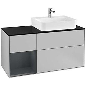 Villeroy und Boch Finion Waschtischunterschrank F142HGGJ 120cm, Abdeckplatte Glass Black Matt, Regal links Midnight Blue Matt Lacquer, Light grey matt