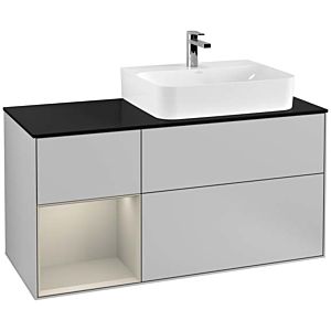 Villeroy und Boch Finion Waschtischunterschrank F142HHGJ 120cm, Abdeckplatte Glass Black Matt, Regal links Sand Matt Lacquer, Light grey matt