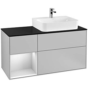 Villeroy und Boch Finion Waschtischunterschrank F142MTGJ 120cm, Abdeckplatte Glass Black Matt, Regal links White matt lacquer, Light grey matt