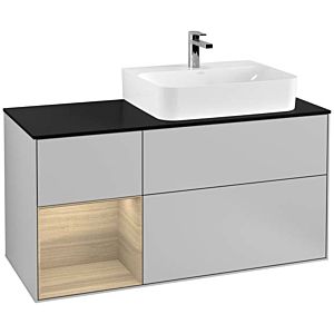 Villeroy und Boch Finion Waschtischunterschrank F142PCGJ 120cm, Abdeckplatte Glass Black Matt, Regal links Oak Veneer, Light grey matt