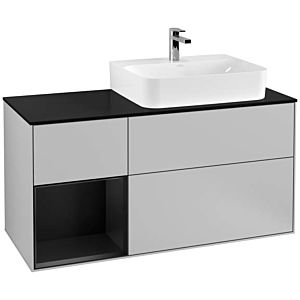 Villeroy und Boch Finion Waschtischunterschrank F142PDGJ 120cm, Abdeckplatte Glass Black Matt, Regal links Black matt lacquer, Light grey matt