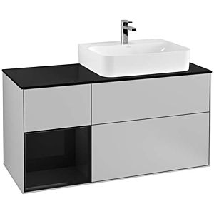 Villeroy und Boch Finion Waschtischunterschrank F142PHGJ 120cm, Abdeckplatte Glass Black Matt, Regal links Glossy Black Lacquer, Light grey matt