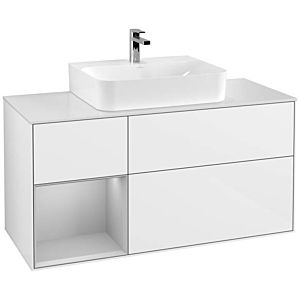 Villeroy und Boch Finion Waschtischunterschrank F161GJGF 120cm, Abdeckplatte white matt, Regal links Light grey matt, Glossy white lacquer