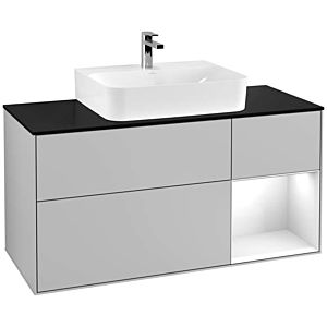 Villeroy und Boch Finion Waschtischunterschrank F172GFGJ 120cm, Abdeckplatte black matt, Regal rechts Glossy white lacquer, Light grey matt