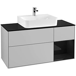 Villeroy und Boch Finion Waschtischunterschrank F172PHGJ 120cm, Abdeckplatte black matt, Regal rechts Glossy Black Lacquer, Light grey matt