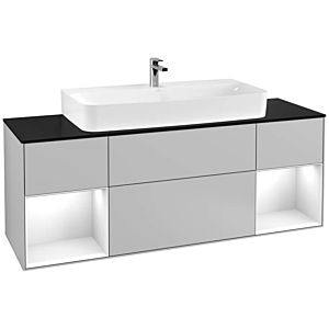 Villeroy und Boch Finion Waschtischunterschrank F212GFGJ 160cm, Abdeckplatte black matt, Regale Glossy white lacquer, Light grey matt