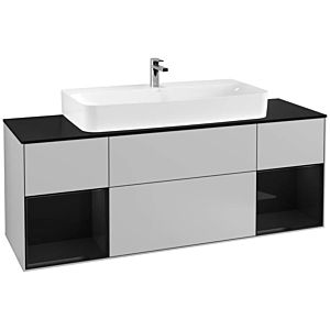 Villeroy und Boch Finion Waschtischunterschrank F212PHGJ 160cm, Abdeckplatte black matt, Regale Glossy black lacquer, Light grey matt