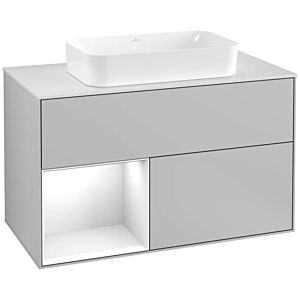 Villeroy und Boch Finion Waschtischunterschrank F241GFGJ 100x60,3cm, Abdeckplatte white matt, Regal links Glossy white lacquer, Light grey matt