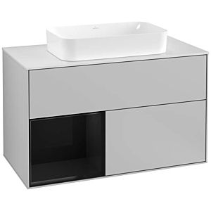 Villeroy und Boch Finion Waschtischunterschrank F241PHGJ 100x60,3cm, Abdeckplatte white matt, Regal links Glossy Black Lacquer, Light grey matt