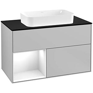 Villeroy und Boch Finion Waschtischunterschrank F242GFGJ 100x60,3cm, Abdeckplatte black matt, Regal links Glossy white lacquer, Light grey matt