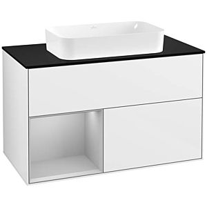 Villeroy und Boch Finion Waschtischunterschrank F242GJGF 100x60,3cm, Abdeckplatte black matt, Regal links Light grey matt, Glossy white lacquer