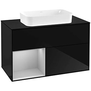 Villeroy und Boch Finion Waschtischunterschrank F242GJPH 100x60,3cm, Abdeckplatte black matt, Regal links Light grey matt, Glossy Black Lacquer