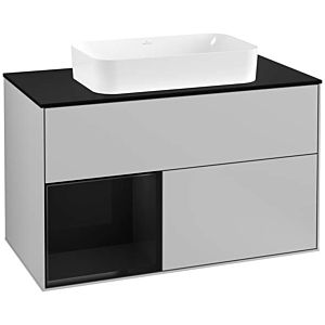 Villeroy und Boch Finion Waschtischunterschrank F242PHGJ 100x60,3cm, Abdeckplatte black matt, Regal links Glossy Black Lacquer, Light grey matt