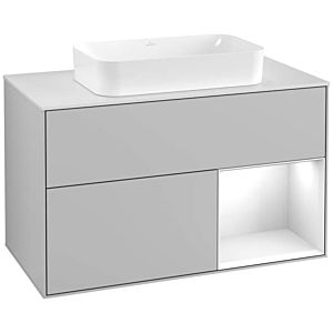 Villeroy und Boch Finion Waschtischunterschrank F251GFGJ 100x60,3cm, Abdeckplatte white matt, Regal rechts Glossy white lacquer, Light grey matt